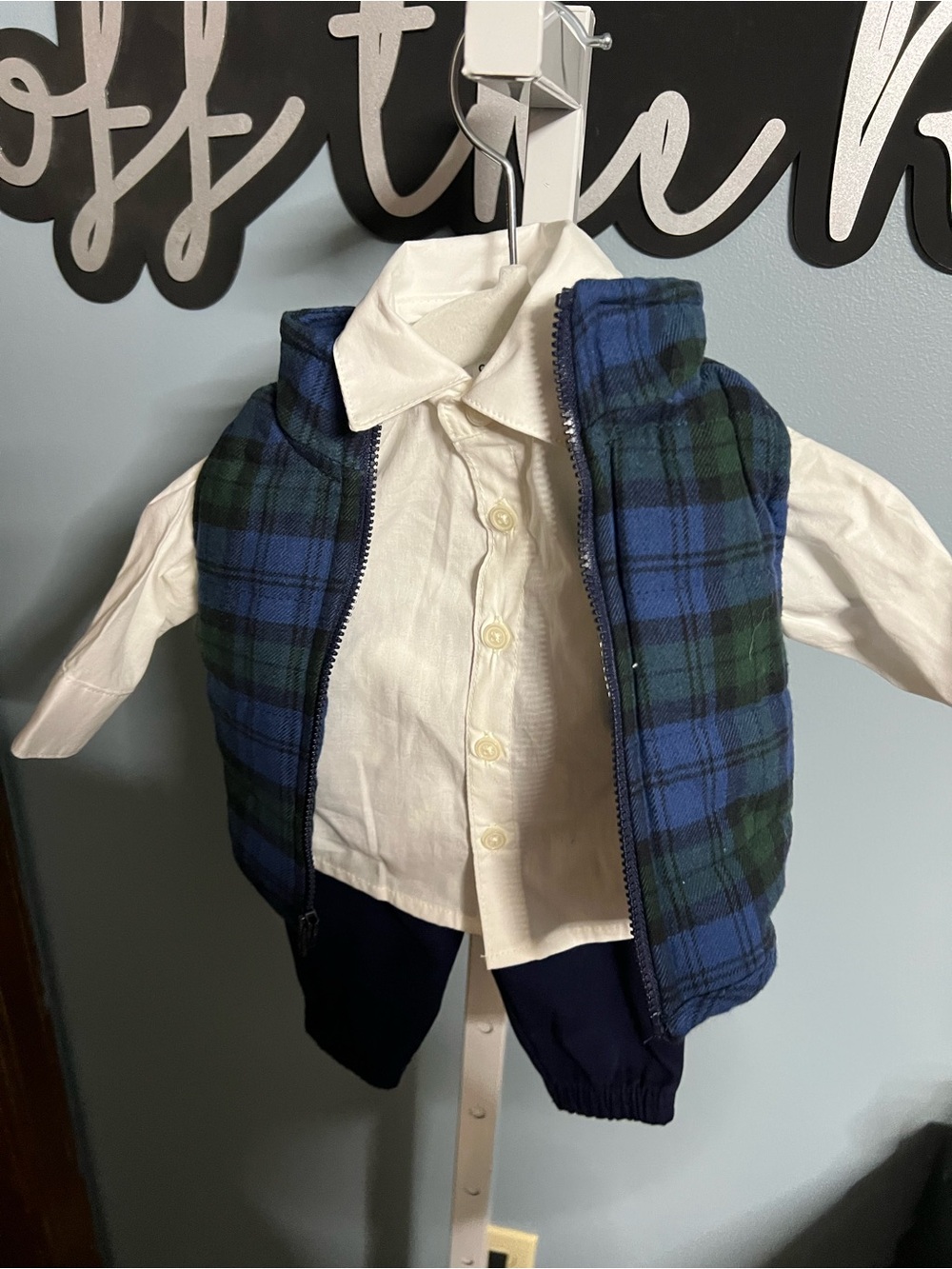 Blue and Green Plaid Puffer Vest White Button Up Shirt and Navy Pants Newborn